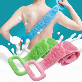 Silicone Body Scrubber Belt Pack of 2 | Double-Sided Bath Brush with Handles | Deep Cleansing &amp; Exfoliating By iCare-Light Pink &amp; Pista Green | iCare
