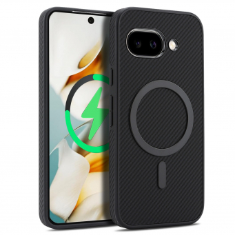 Google Pixel 9A MagSafe Magnetic Phone Case Carbon Fiber PU Leather Cover with Metal Magnetic Ring &ndash; Black | iCare