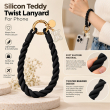 Silicone Teddy Twist Lanyard | Universal Phone Lanyard with Pop Holder &amp; Loop | Cute Adjustable Neck Strap, Mobile Phone Cord, Rasi / String for Smartphones-Black | iCare
