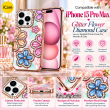 Glitter Flower Diamond Case For iPhone 15 Pro Max, 3D Rhinestone Floral Phone Cover, Slim Shockproof Protective Bling Case, Mobile Case for Women &amp; Girls