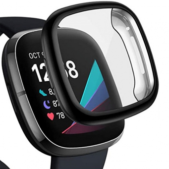 FitBit Versa 3 Hard PC Watch Case Protective Cover with Tempered Glass Screen Protector &ndash; Black | iCare
