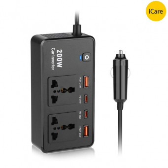 Car Invertor | Car Inverter (200W) 12V DC To 220V AC Power Adapter With 2 USB-A And 2 Type-C Ports For Laptop Computer Smartphones | iCare