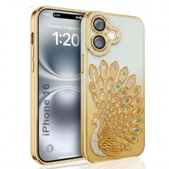 Glitter Bridal Peacock Case for iPhone 16 &ndash; Luxury Gold Diamond Back Cover | iPhone 16 Glitter Bridal Peacock Case Shockproof Anti-Drop Protective Mobile Cover | iCare | Amlee