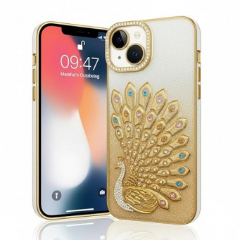 iPhone 14 Case Glitter Bridal Peacock Case &ndash; Luxury Gold Diamond Back Cover for Women &amp; Girls | Full Coverage &amp; Anti-Drop Protection | Sparkling Designer Mobile Case(Gold) | Amlee
