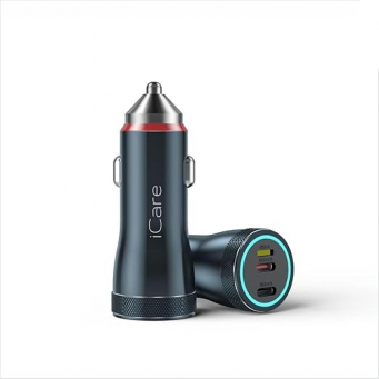 3IN1 REVERSIBLE CAR CHARGER | 55W Multi-Port Car Charger | Fast Car Charging Adapter with Built-in 3-in-1 USB Type-C, Lightning &amp; Micro USB Cable | iCare
