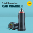 3IN1 REVERSIBLE CAR CHARGER | 55W Multi-Port Car Charger | Fast Car Charging Adapter with Built-in 3-in-1 USB Type-C, Lightning &amp; Micro USB Cable | iCare