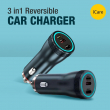 3IN1 REVERSIBLE CAR CHARGER | 55W Multi-Port Car Charger | Fast Car Charging Adapter with Built-in 3-in-1 USB Type-C, Lightning &amp; Micro USB Cable | iCare