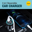 3IN1 REVERSIBLE CAR CHARGER | 55W Multi-Port Car Charger | Fast Car Charging Adapter with Built-in 3-in-1 USB Type-C, Lightning &amp; Micro USB Cable | iCare