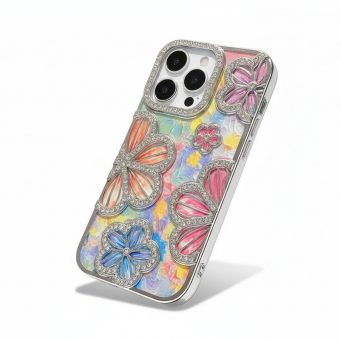 iPhone 13 pro Glitter Flower Diamond Case | iPhone 13 Pro Slim Shockproof TPU Protective Cover | Rhinestone Floral Sparkle Back Case | Anti-Scratch Camera Protection &ndash; Silver | iCare