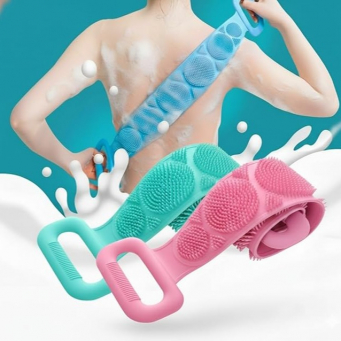 Silicone Bath Scrubber Belt Pack of 2 | Double-Sided Body Brush with Handles | Soft Exfoliating &amp; Deep Cleansing By iCare- Light Pink &amp; Light Green | iCare