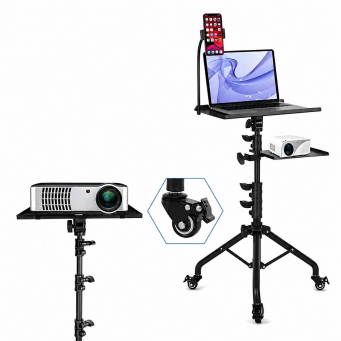 Universal Projector Stand with Wheels &amp; Mobile Clamp for Laptop, Projector, Tablet &amp; Mobile | 360&deg; Adjustable Portable Tripod Floor Stand | Heavy Duty Presentation Holder | iCare