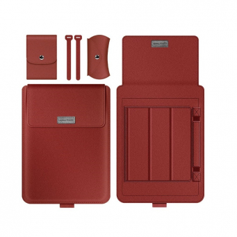 13 &amp; 14 Inch Universal PU Smart Laptop Sleeve with Stand, Mouse Pad, Accessory Pouch, Tablet Holder &amp; Water Resistant Protective Case &ndash; Red | iCare