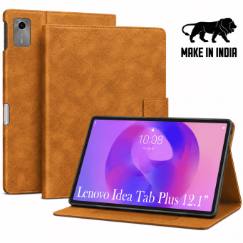 Folio Case for Lenovo Idea Tab Plus 12.1" &ndash; PU Leather Stand Cover with Card Slots &amp; Magnetic Closure (TB361ZU, TB361FU, ZAG70922US) &ndash; Golden Brown | iCare