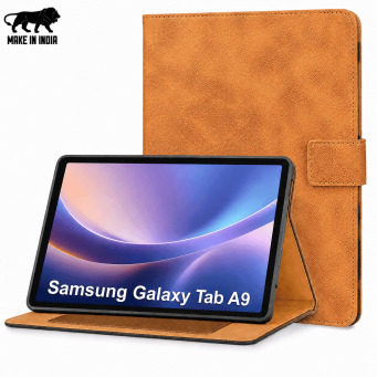 Samsung Galaxy Tab A9 8.7 Inch Case (SM-X110/X115) | Premium PU Leather Flip Cover with Multi-Angle Stand, Card Slots, Soft Silicone Back, Magnetic Closure &amp; Full Protection &ndash; Golden Brown | iCare