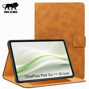 OnePlus Pad Go 11.35 Inch Flip Cover Case | Premium PU Leather Folio Cover with Multi-Angle Smart Stand &ndash; Golden Brown | iCare