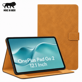 OnePlus Pad Go 2 12.1 Inch Flip Cover Case (OPD2504/OPD2505) | Premium PU Leather Folio Cover with Multi-Angle Stand &ndash; Golden Brown | iCare